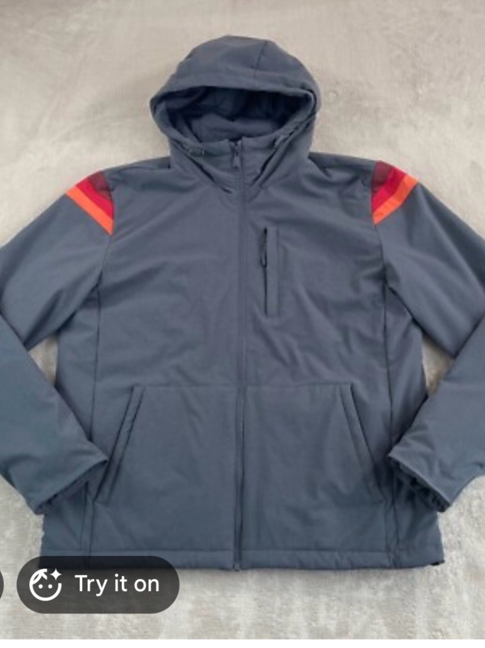Marine Layer Gray Hooded Windbreaker with Red and Orange Shoulder Stripes